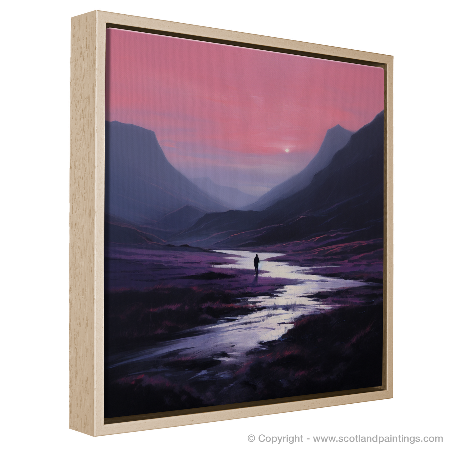 Painting and Art Print of Solitary walker at dusk in Glencoe entitled "Solitary Walker at Dusk in Glencoe - A Study in Minimalism".