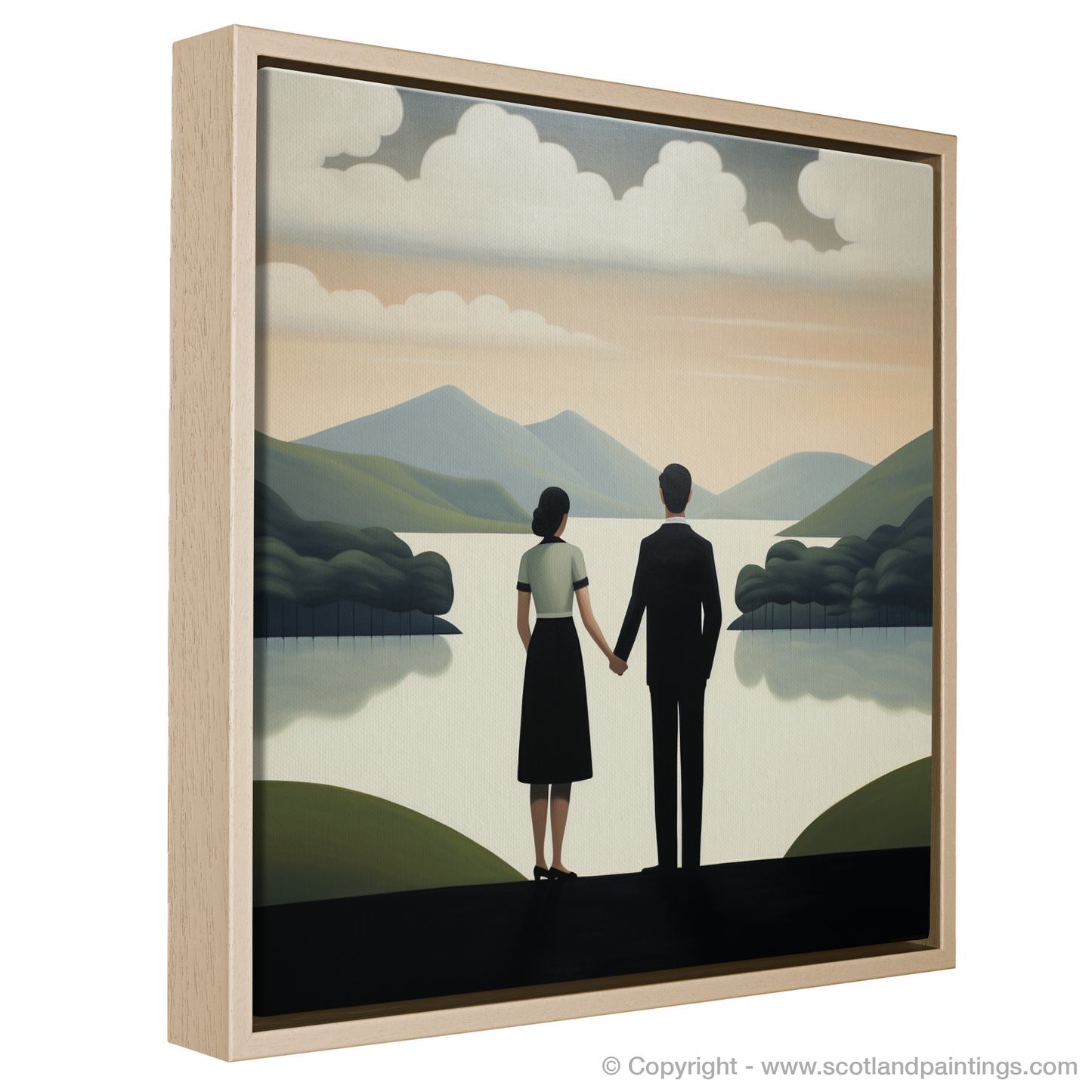 Painting and Art Print of A couple holding hands looking out on Loch Lomond entitled "Hand in Hand at Loch Lomond".