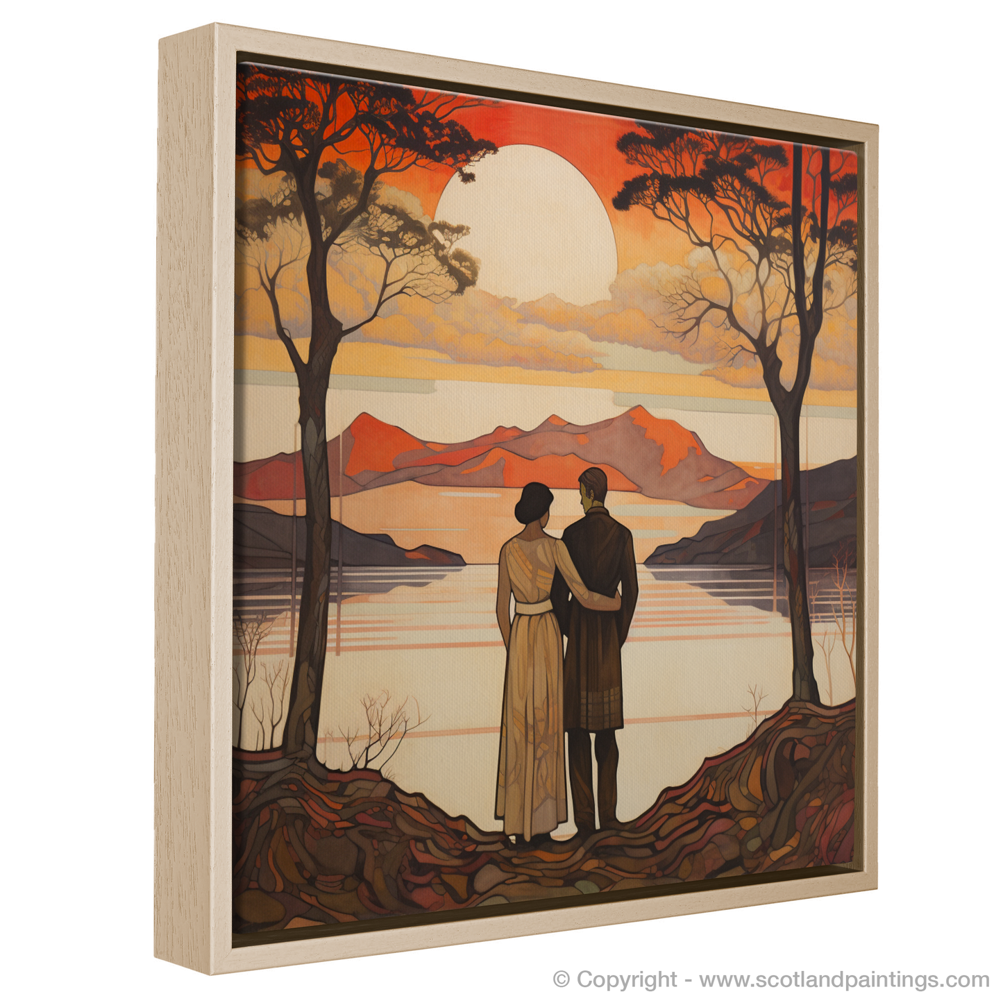 Painting and Art Print of A couple holding hands looking out on Loch Lomond entitled "Embrace at Dusk: A Loch Lomond Idyll".