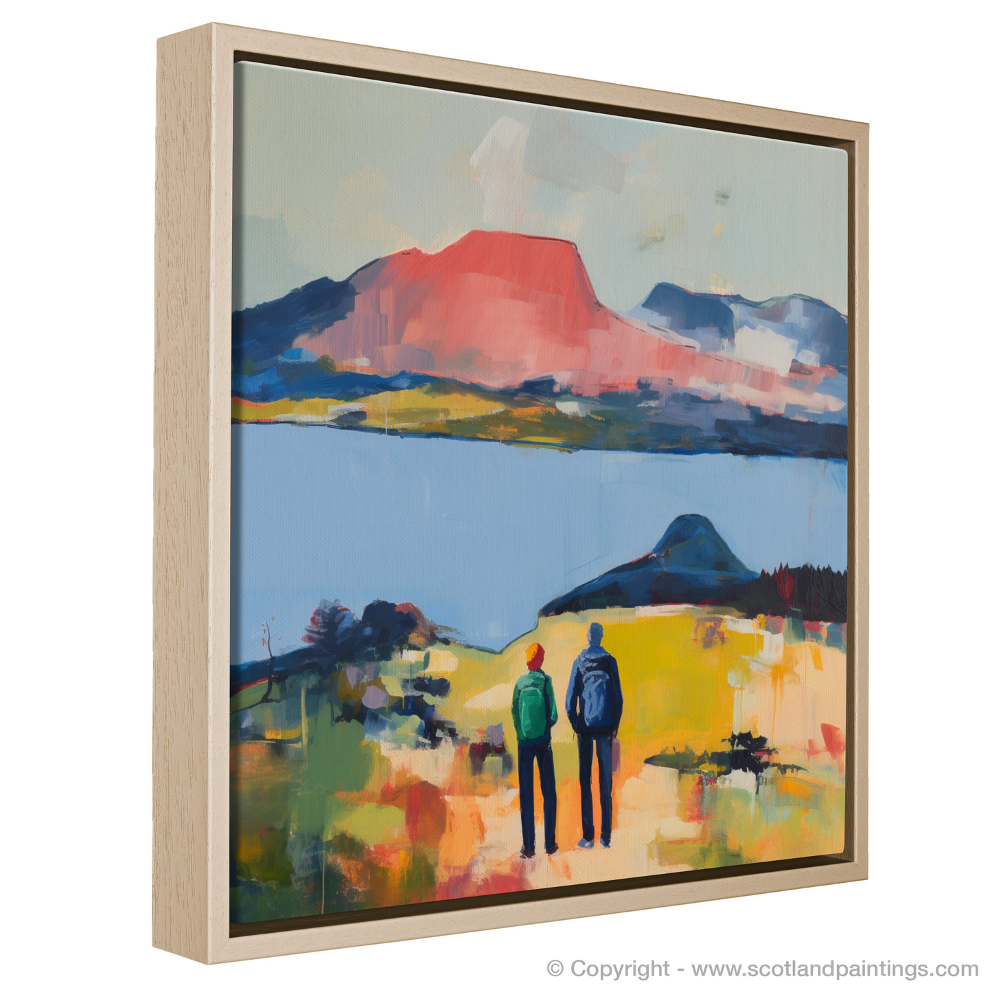 Painting and Art Print of Two hikers looking out on Loch Lomond entitled "Loch Lomond Serenity: An Abstract Exploration".