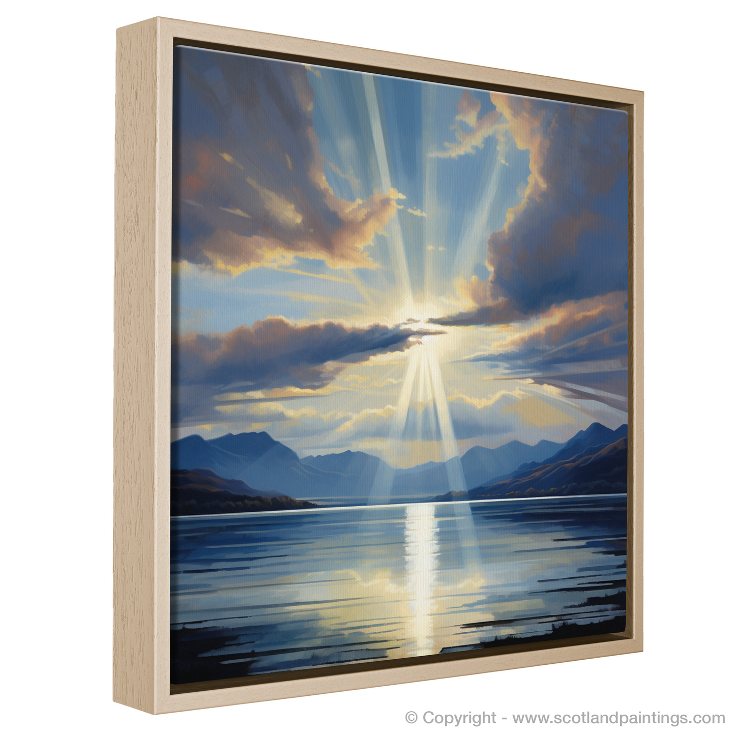 Painting and Art Print of Crepuscular rays above Loch Lomond entitled "Crepuscular Rays over Loch Lomond: A Celestial Glow".