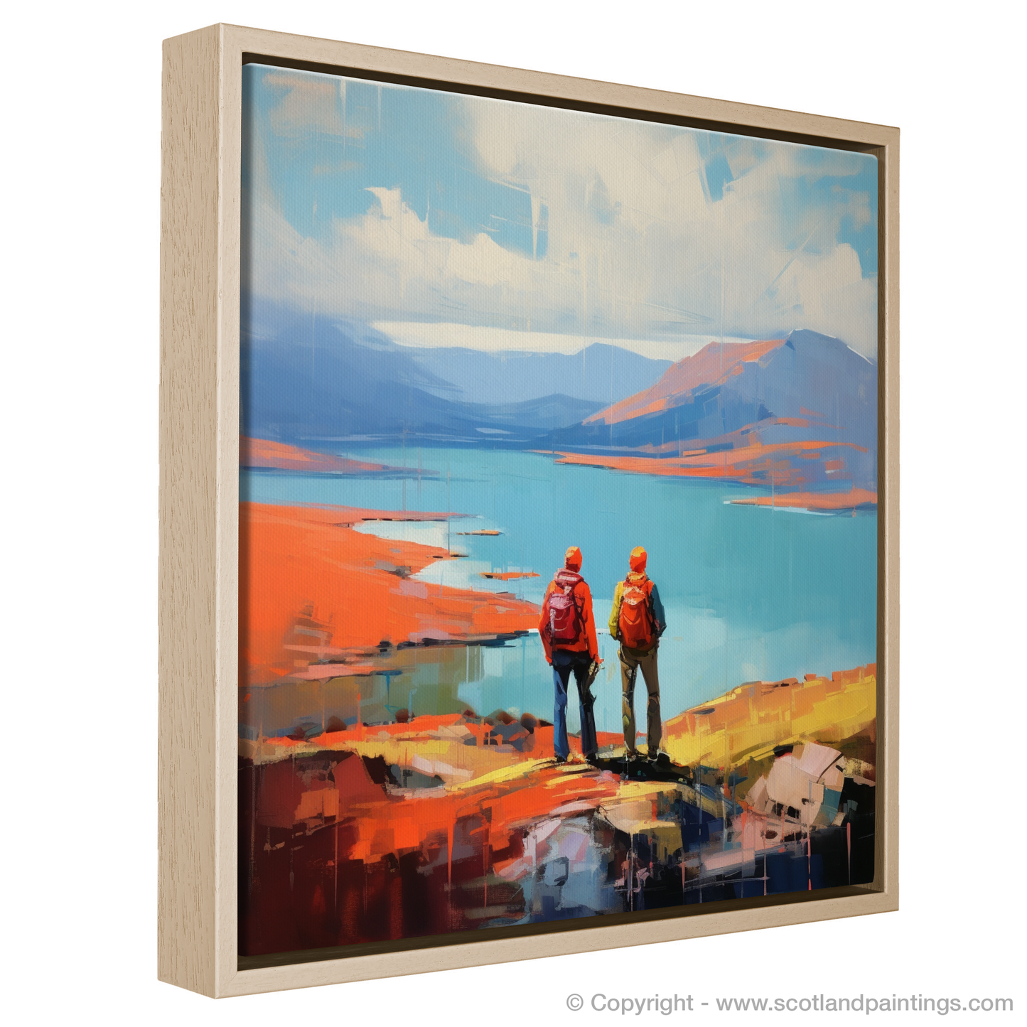 Painting and Art Print of Two hikers looking out on Loch Lomond entitled "Hikers' Repose at Loch Lomond".