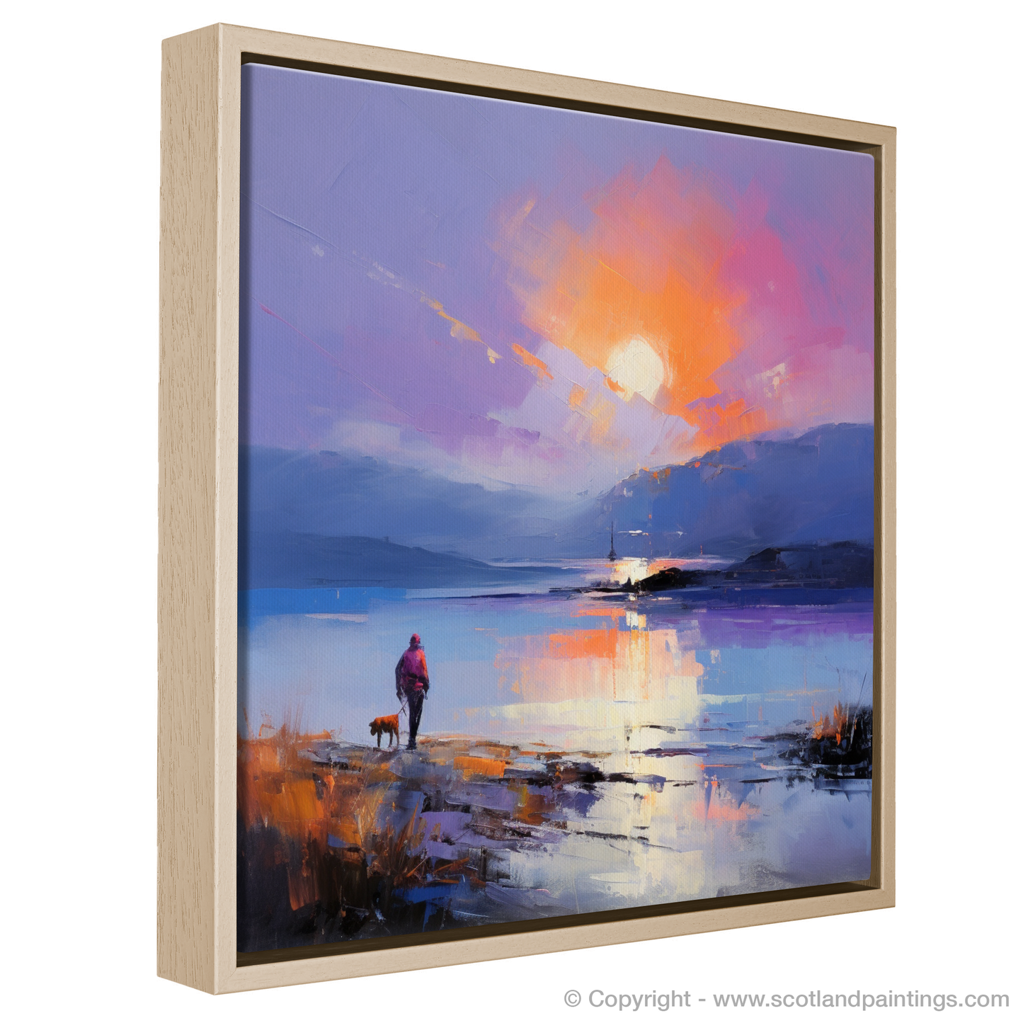 Painting and Art Print of A man walking dog at the side of Loch Lomond. Sunset Serenity at Loch Lomond with Man and Dog.