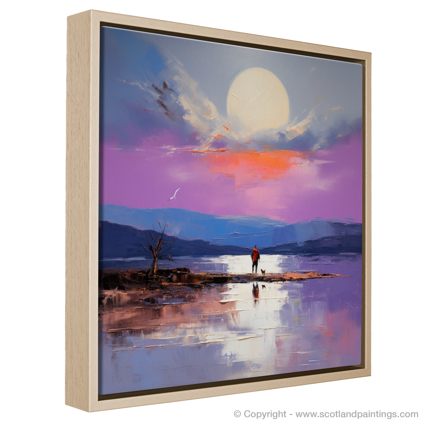 Painting and Art Print of A man walking dog at the side of Loch Lomond. Solitary Wanderer at Twilight: Loch Lomond's Enchantment.