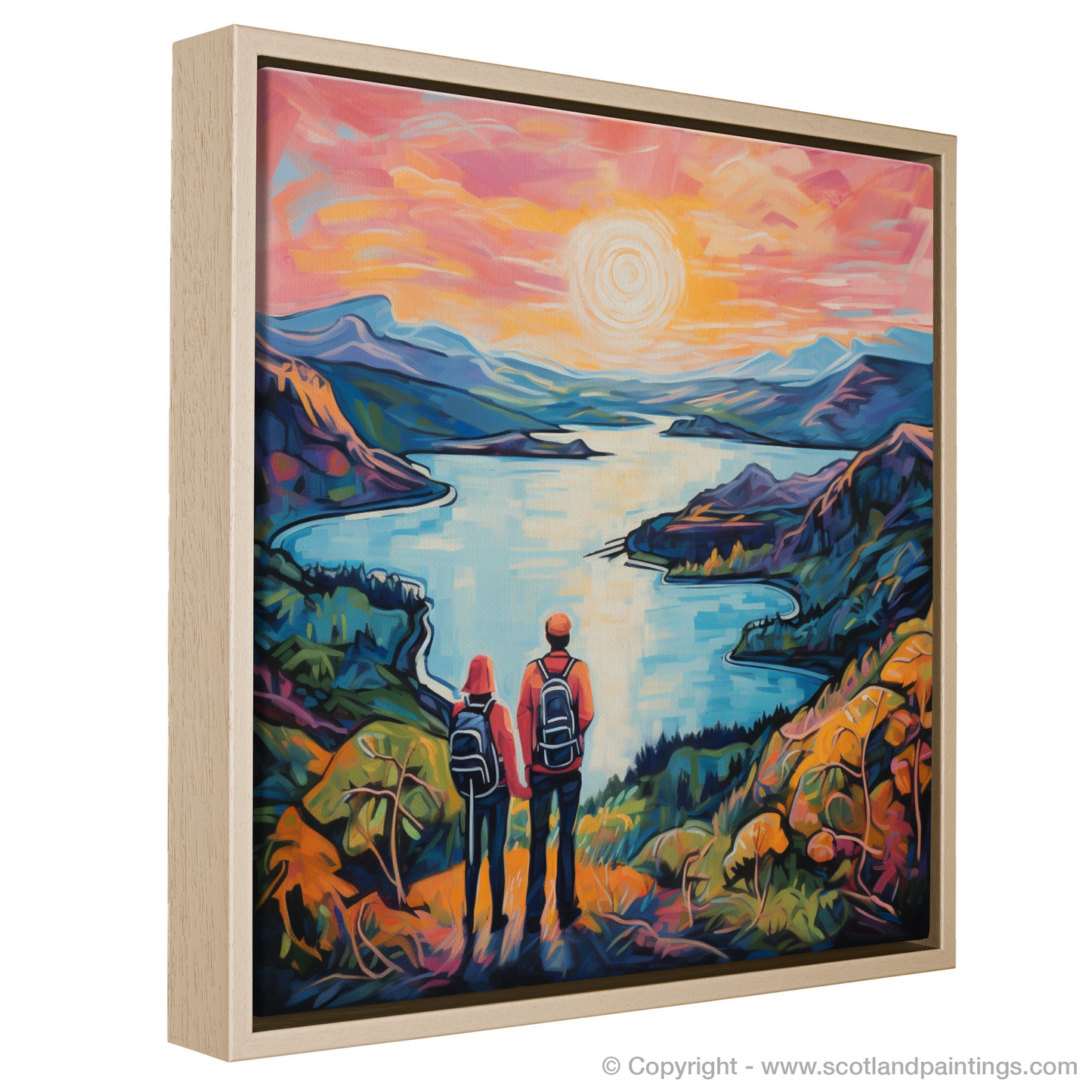 Painting and Art Print of Two hikers looking out on Loch Lomond entitled "Adventurers at the Edge of Wonder: A Fauvist Tribute to Loch Lomond".