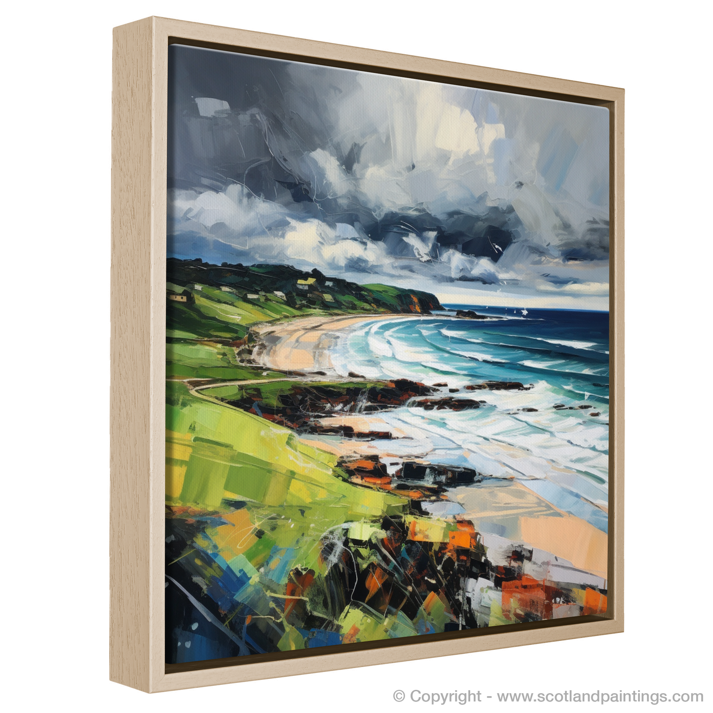 Painting and Art Print of Coldingham Bay with a stormy sky entitled "Storm over Coldingham Bay: An Expressionist Ode to Scottish Shores".