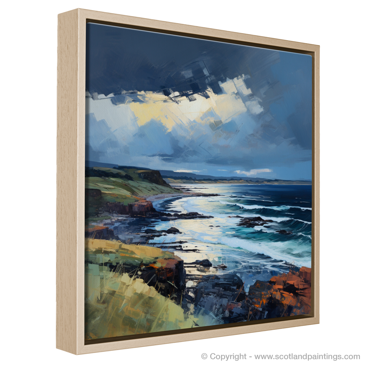 Painting and Art Print of Coldingham Bay with a stormy sky entitled "Storm's Embrace: Coldingham Bay".