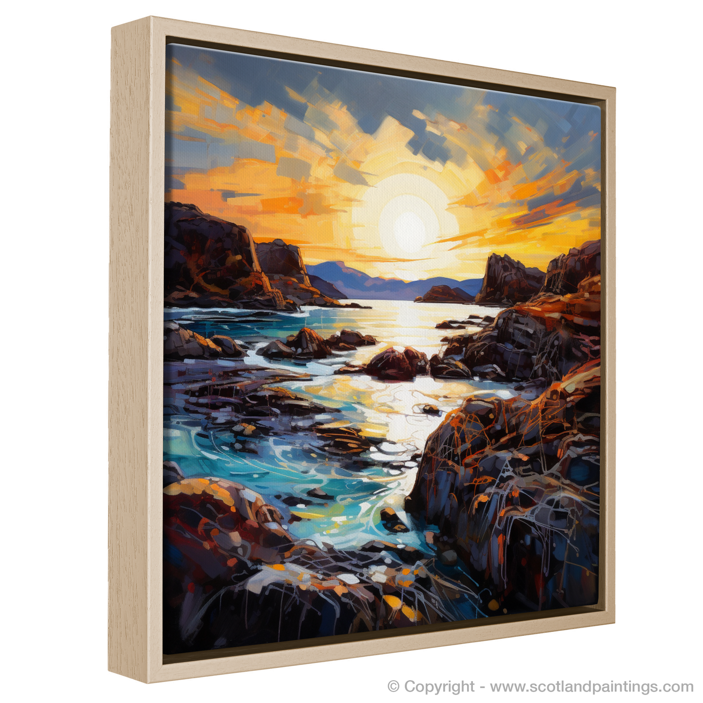 Painting and Art Print of Achmelvich Bay at golden hour. Golden Hour at Achmelvich Bay: An Expressionist Ode to Scottish Coves.