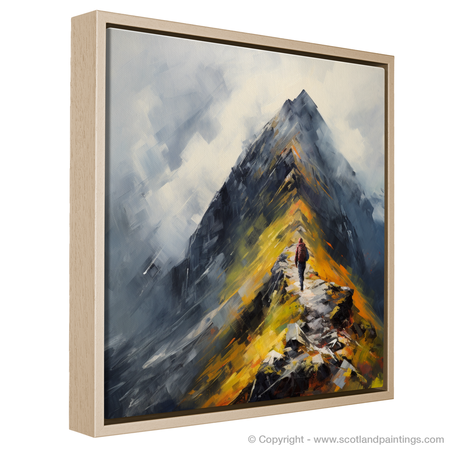 Painting and Art Print of Climber ascending misty peak in Glencoe entitled "Misty Ascent: The Solitary Journey of Glencoe".