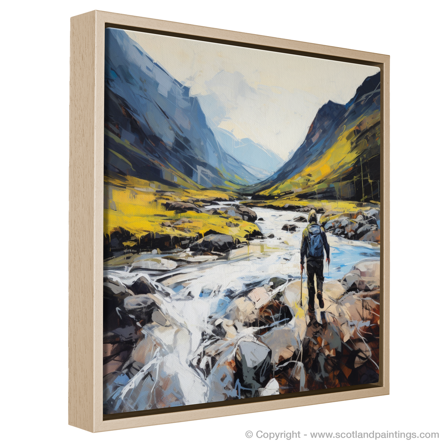 Painting and Art Print of Walker crossing River Coe in Glencoe. Walker's Journey Through the Heart of Glencoe.
