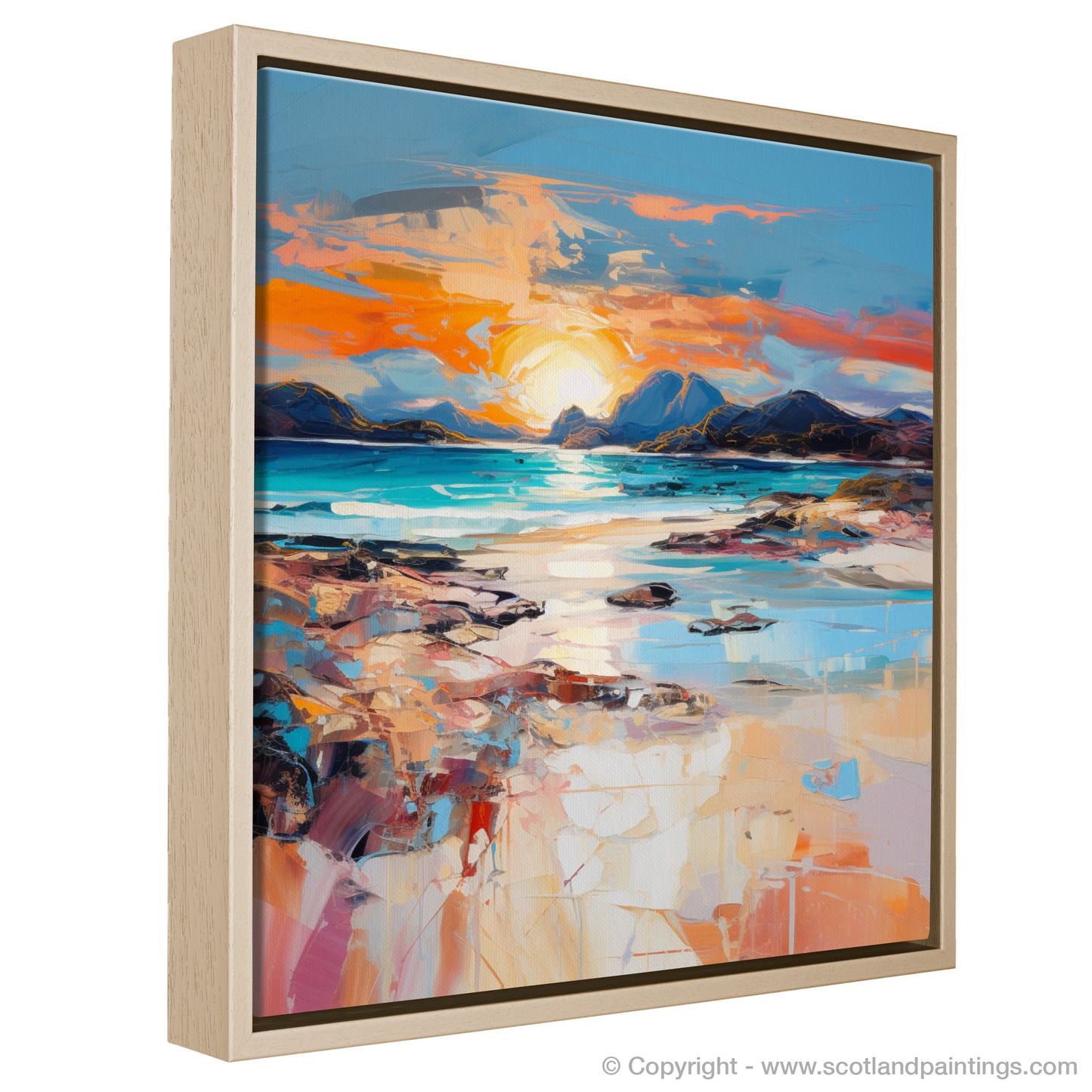 Painting and Art Print of Arisaig Beach at golden hour entitled "Golden Hour Embrace at Arisaig Beach".