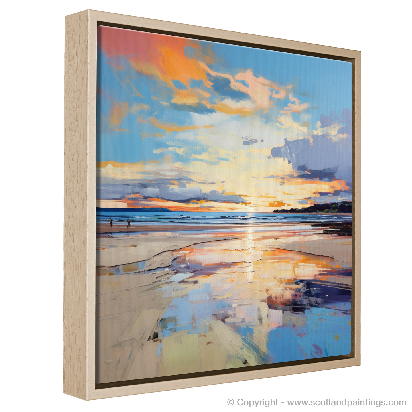 Painting and Art Print of Nairn Beach at golden hour entitled "Golden Hour Embrace at Nairn Beach".