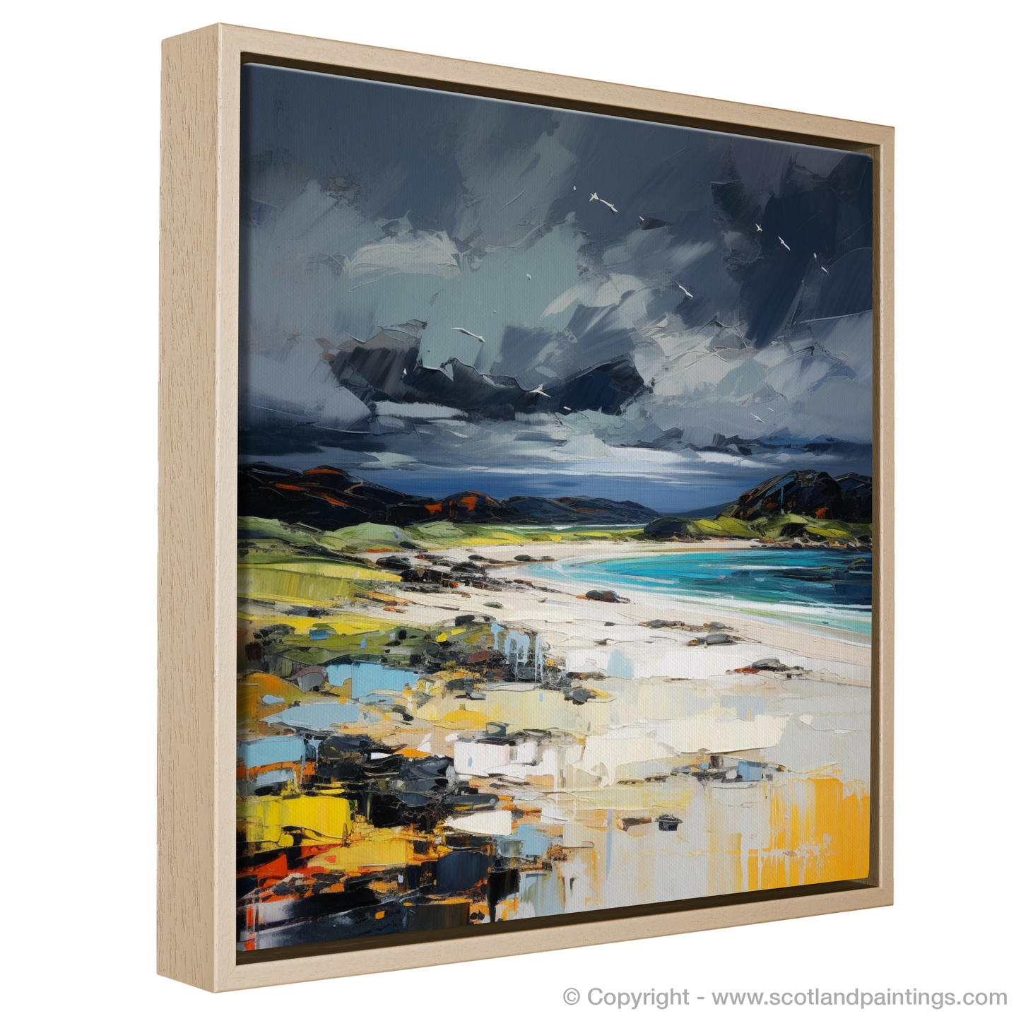 Painting and Art Print of Arisaig Beach with a stormy sky entitled "Storm's Embrace on Arisaig Beach".