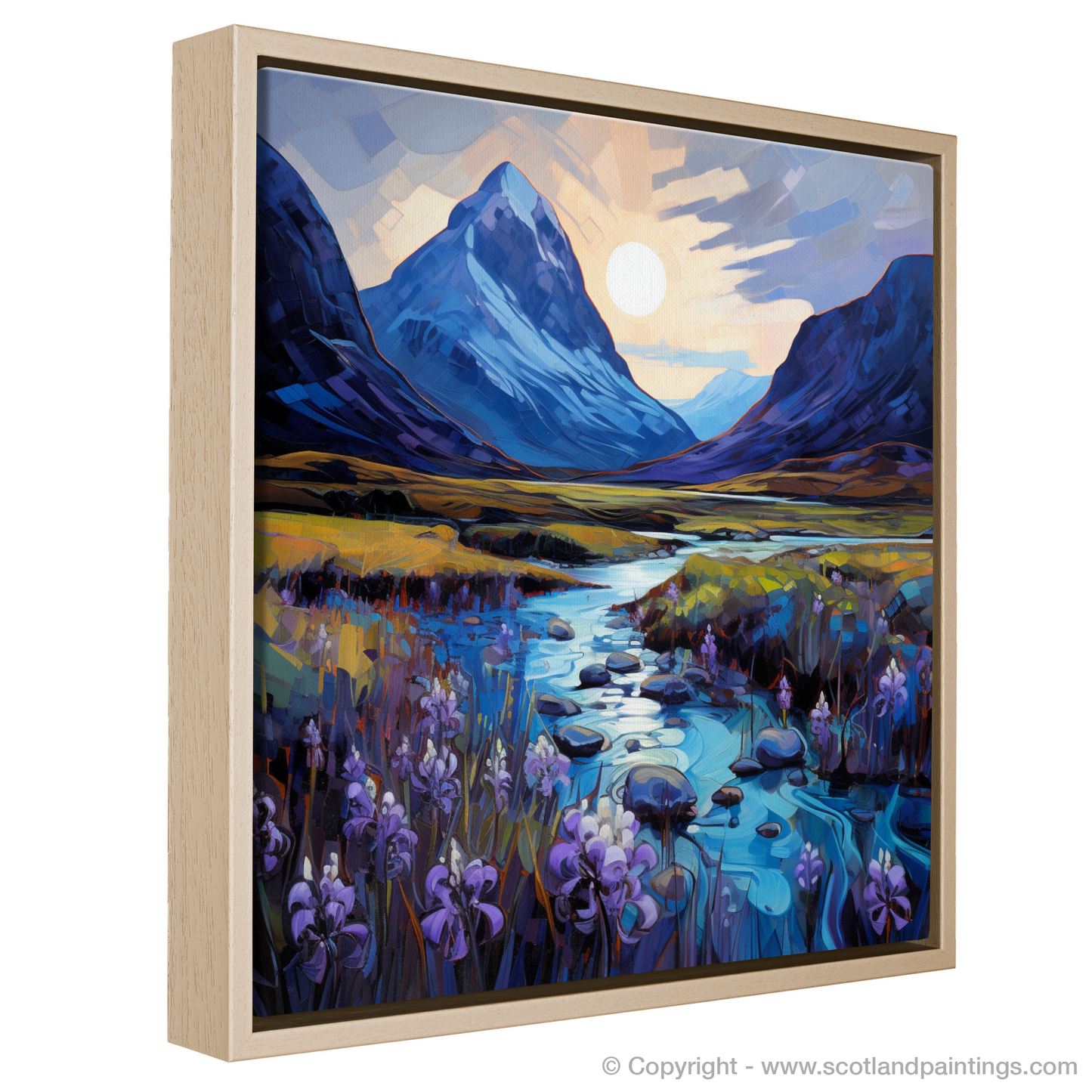 Painting and Art Print of Bluebells under Buachaille at dusk in Glencoe entitled "Bluebells and Buachaille at Dusk: An Expressive Glencoe Masterpiece".