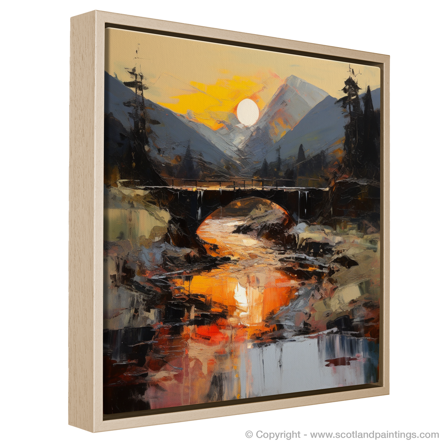 Painting and Art Print of Rustic bridge at twilight in Glencoe entitled "Twilight Serenity: Rustic Bridge in Glencoe".