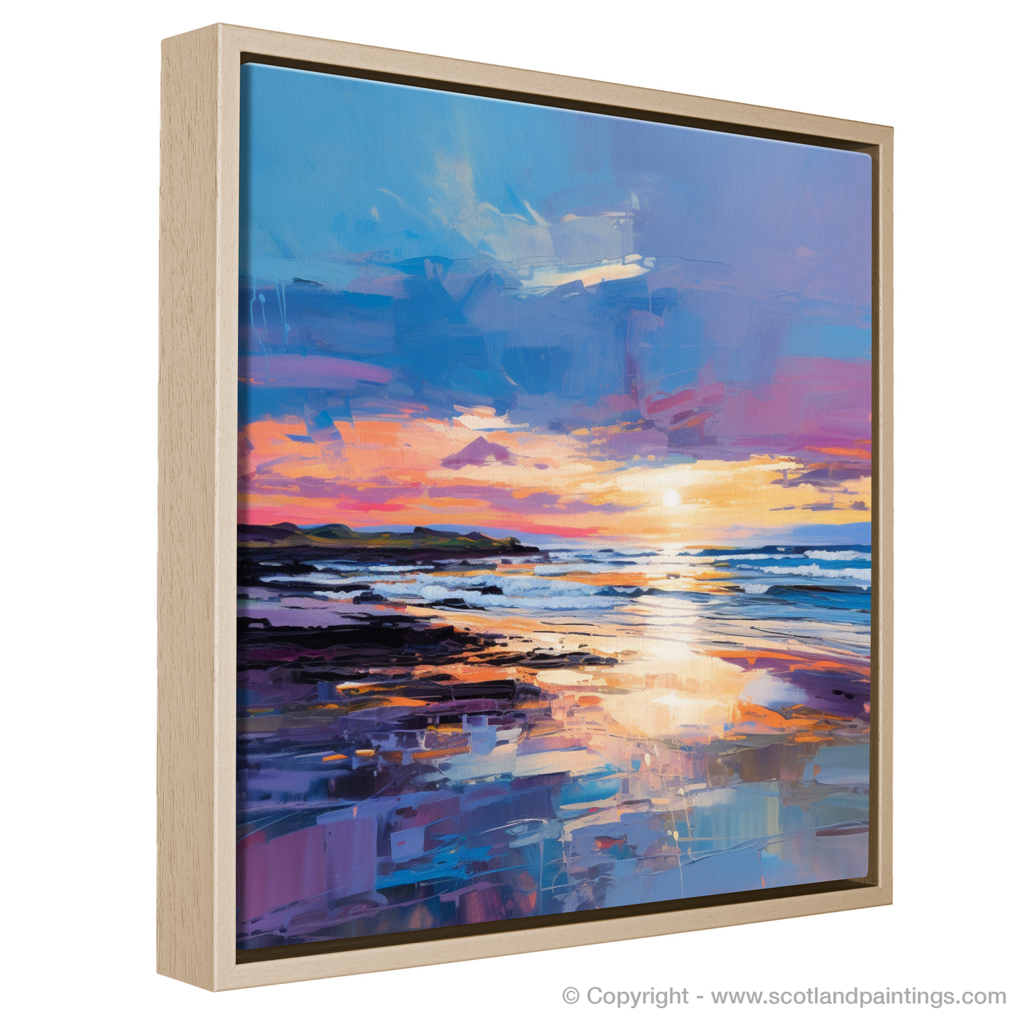 Painting and Art Print of Balmedie Beach at dusk entitled "Dusk's Fiery Embrace at Balmedie Beach".