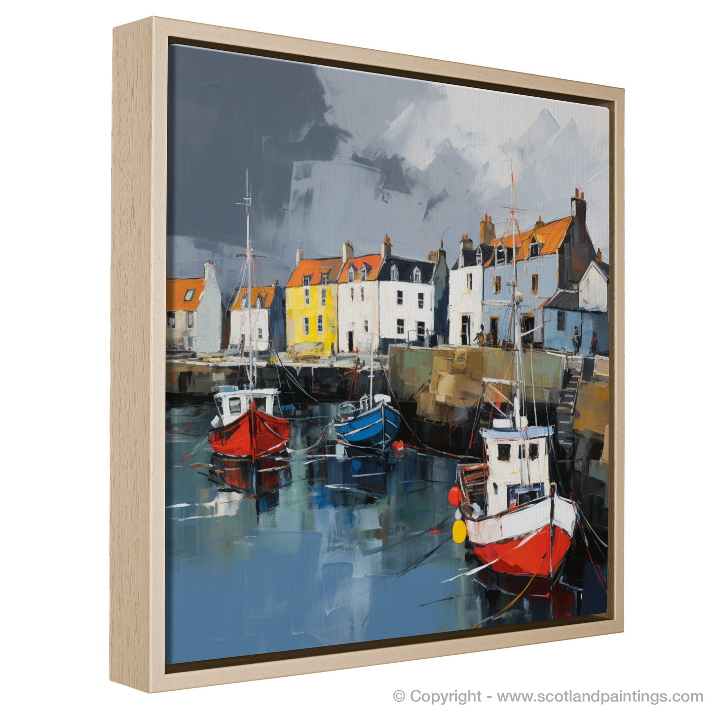 Painting and Art Print of St Monans Harbour with a stormy sky entitled "Storm's Embrace: The Dynamic Essence of St Monans Harbour".