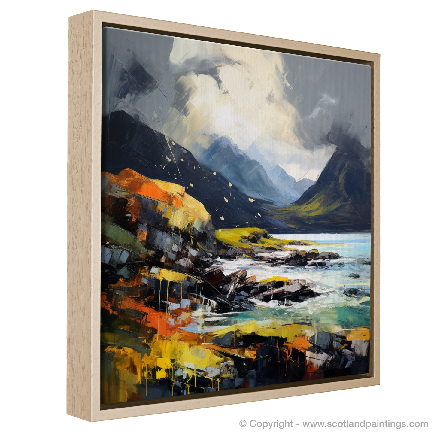 Painting and Art Print of Elgol Bay with a stormy sky entitled "Tempestuous Elgol Bay: An Expressionist Ode to the Scottish Highlands".