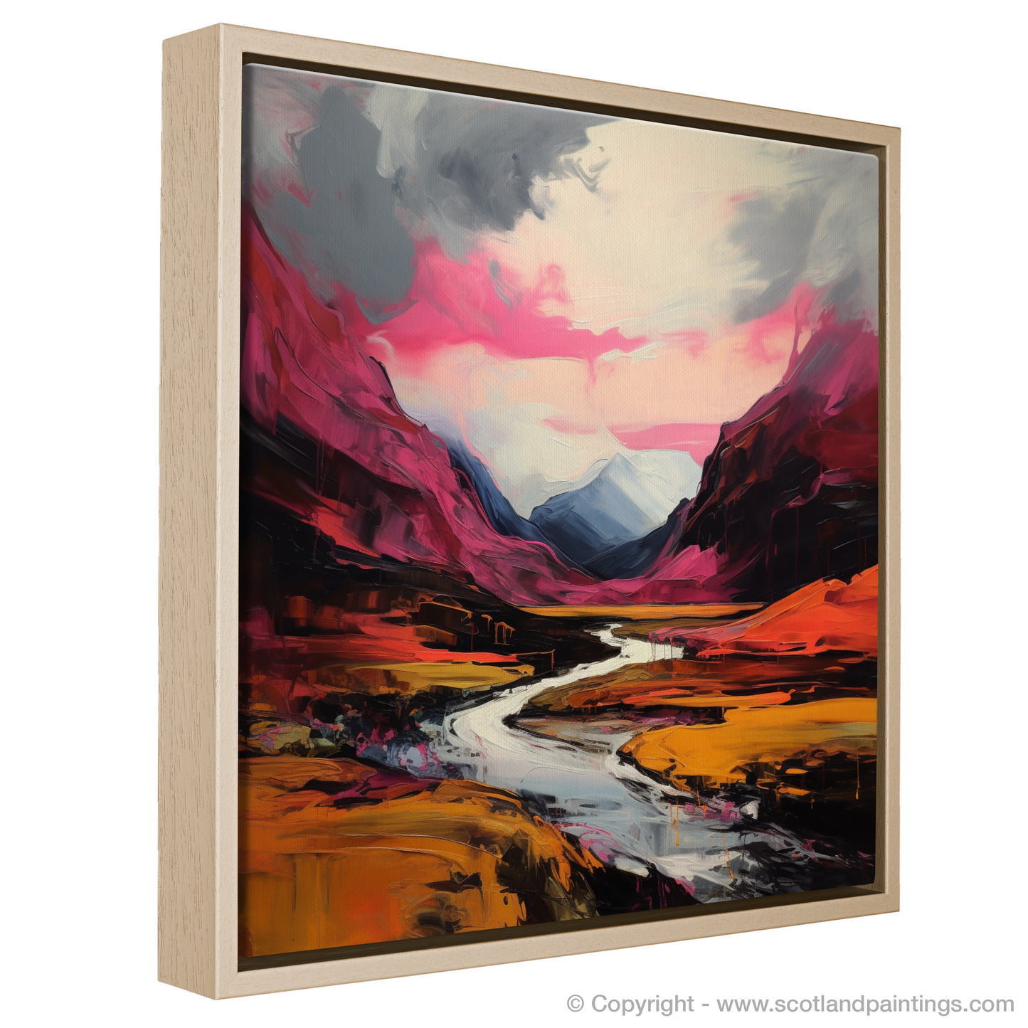 Painting and Art Print of Crimson clouds over valley in Glencoe entitled "Crimson Skies Over Glencoe Valley: An Expressionist Journey".