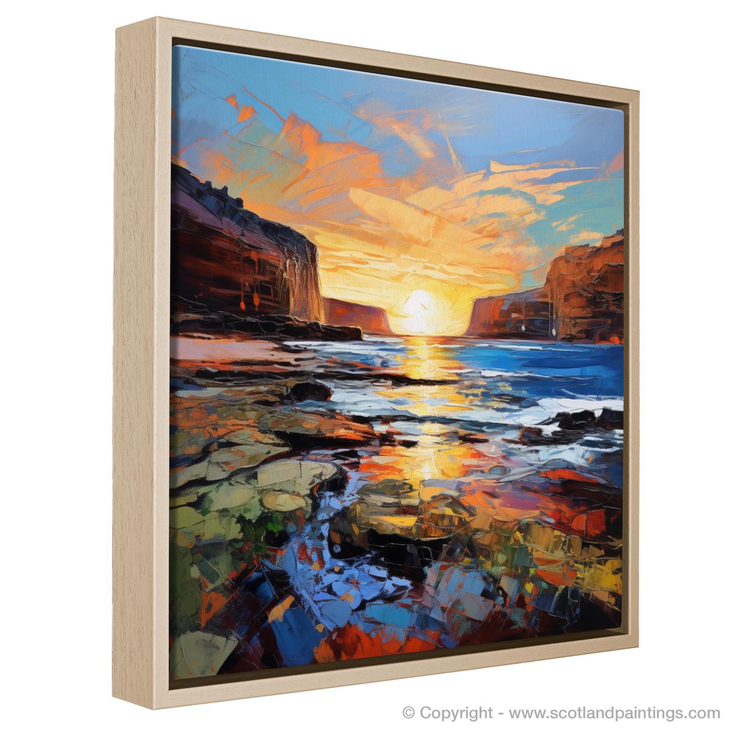 Painting and Art Print of Catterline Bay at golden hour. Golden Hour at Catterline Bay: An Expressionist Ode to Scottish Shores.