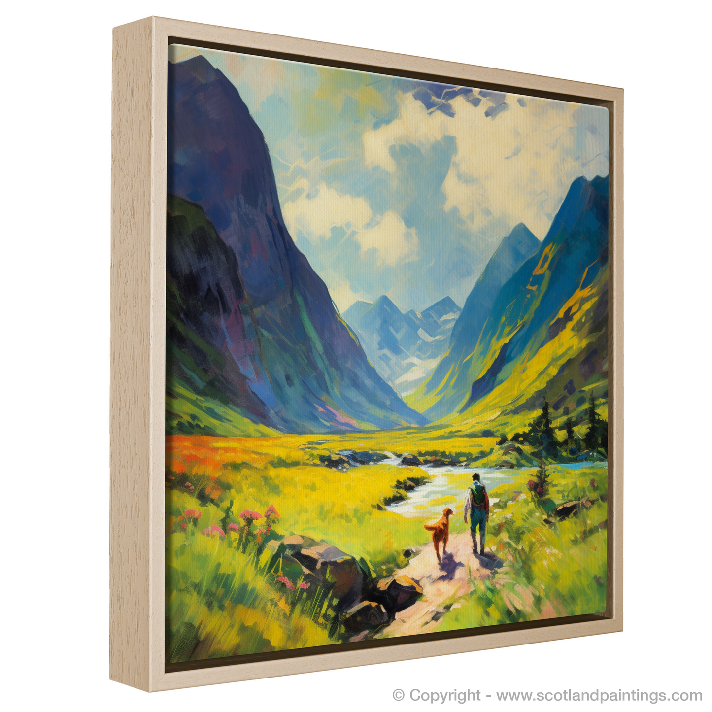 Painting and Art Print of Dog walker in Glencoe during summer. Summer Splendour in Glencoe with Man's Best Friend.