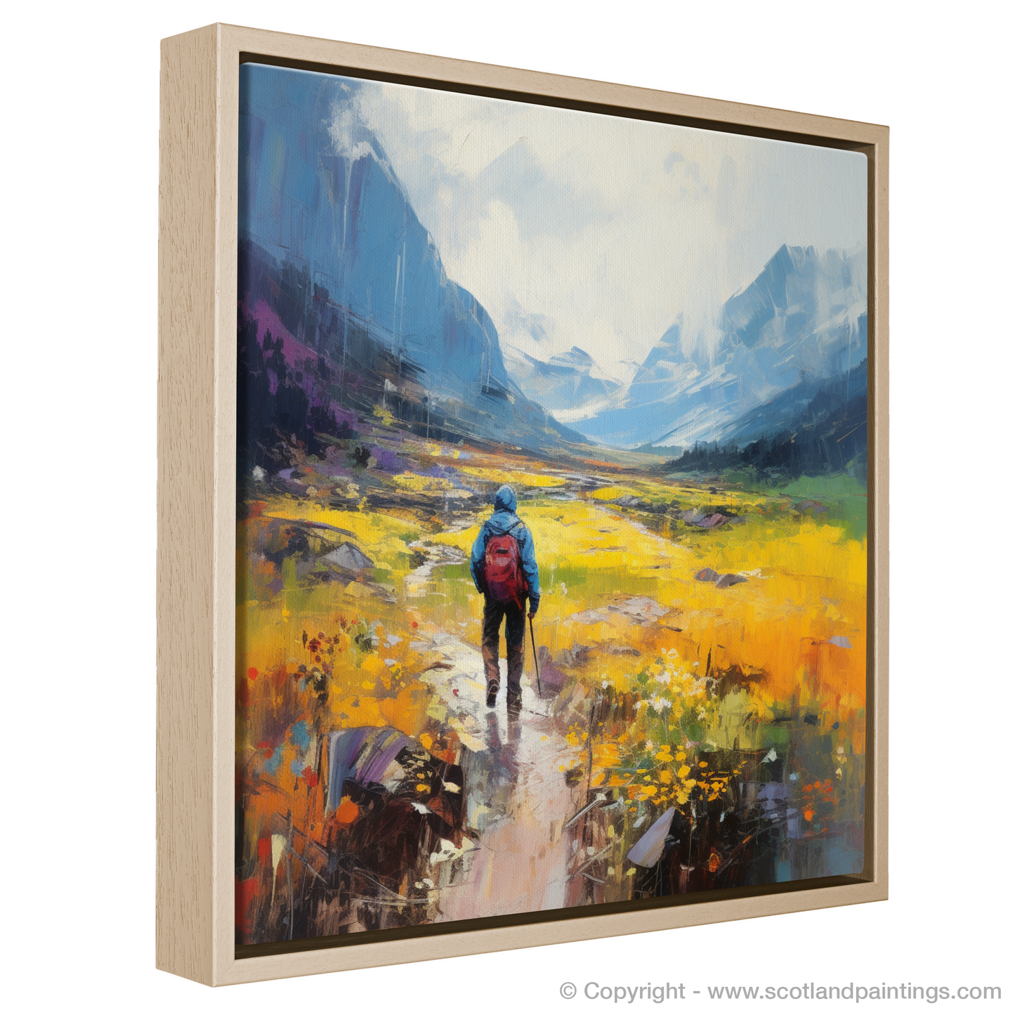 Painting and Art Print of Lone hiker in Glencoe during summer entitled "Solitary Hiker in the Summer Glens of Scotland".