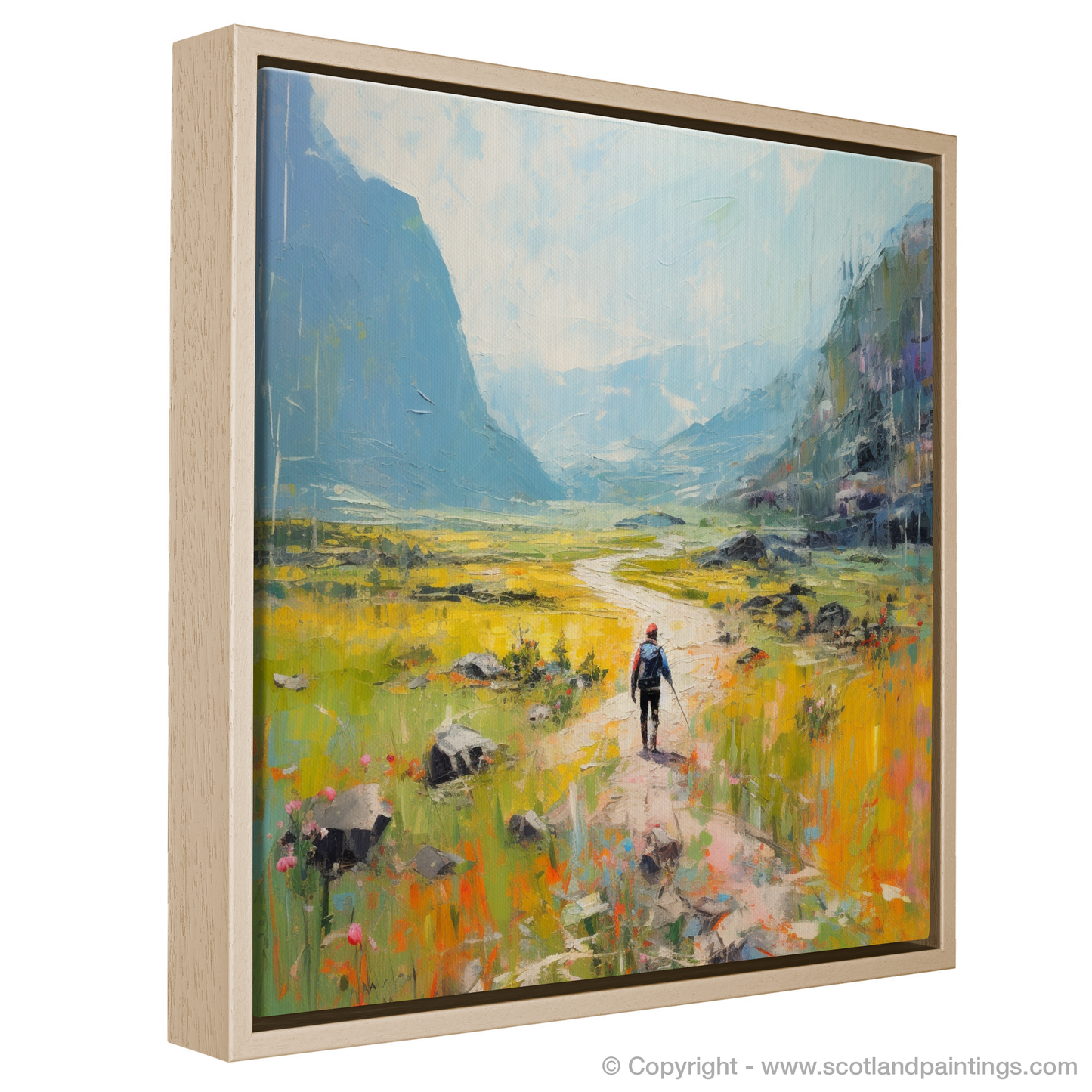 Painting and Art Print of Lone hiker in Glencoe during summer entitled "Highland Wanderer: A Summer Odyssey in Glencoe".