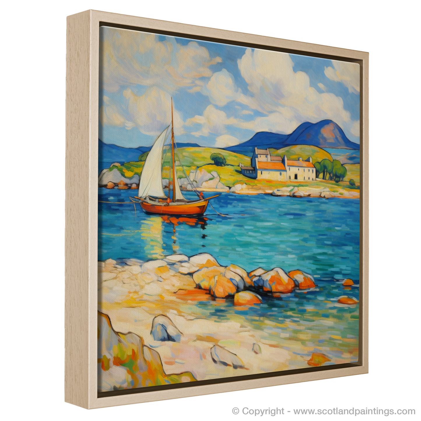 Painting and Art Print of Isle of Jura, Inner Hebrides in summer entitled "Sailboat Serenity on Jura's Summer Shore".