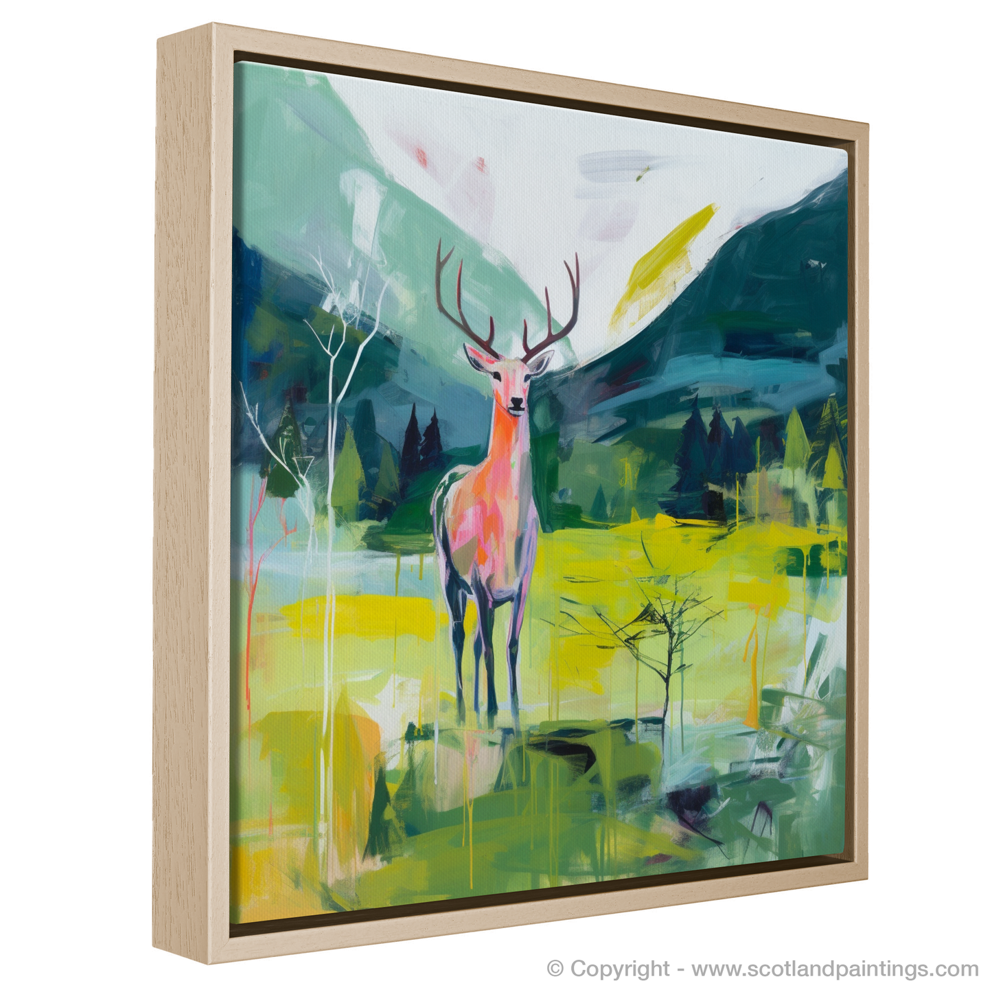 Painting and Art Print of A stag in Glencoe during summer entitled "Majestic Stag of Glencoe: A Modern Summer Reverie".