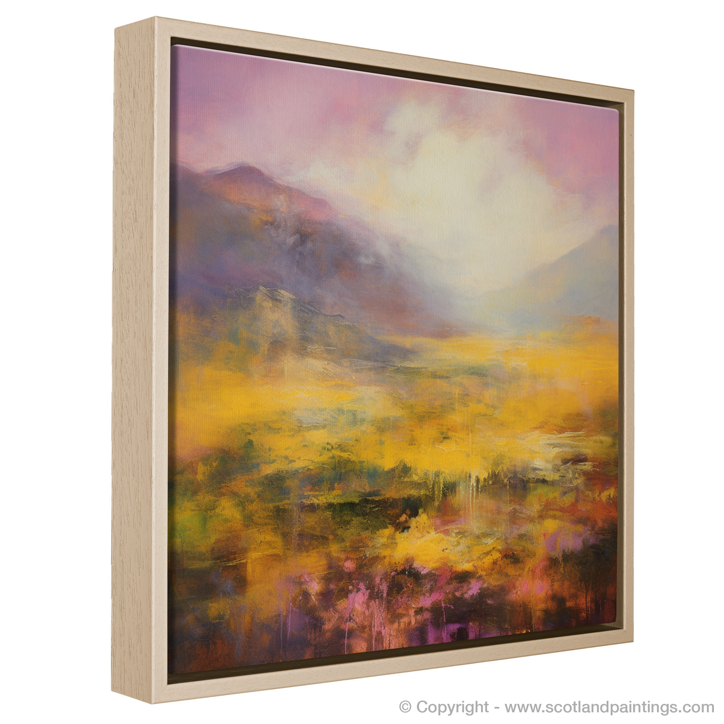 Painting and Art Print of Golden light on heather in Glencoe entitled "Golden Light Dance on Heather Clad Hills of Glencoe".