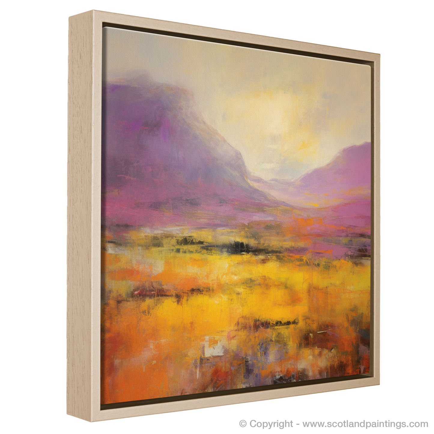 Painting and Art Print of Golden light on heather in Glencoe entitled "Golden Radiance over Heathered Glencoe".