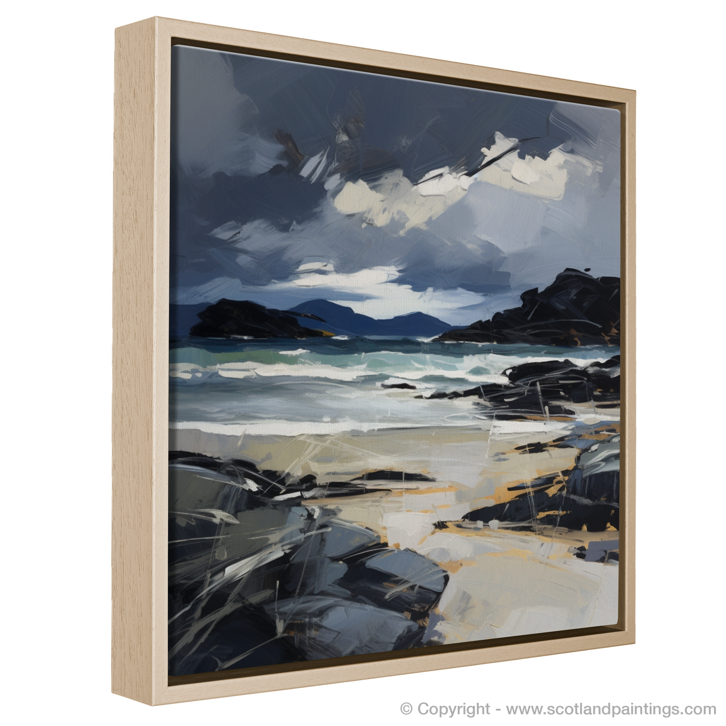 Painting and Art Print of Mellon Udrigle Beach with a stormy sky entitled "Storm Over Mellon Udrigle: An Expressionist Tribute to Scottish Shores".