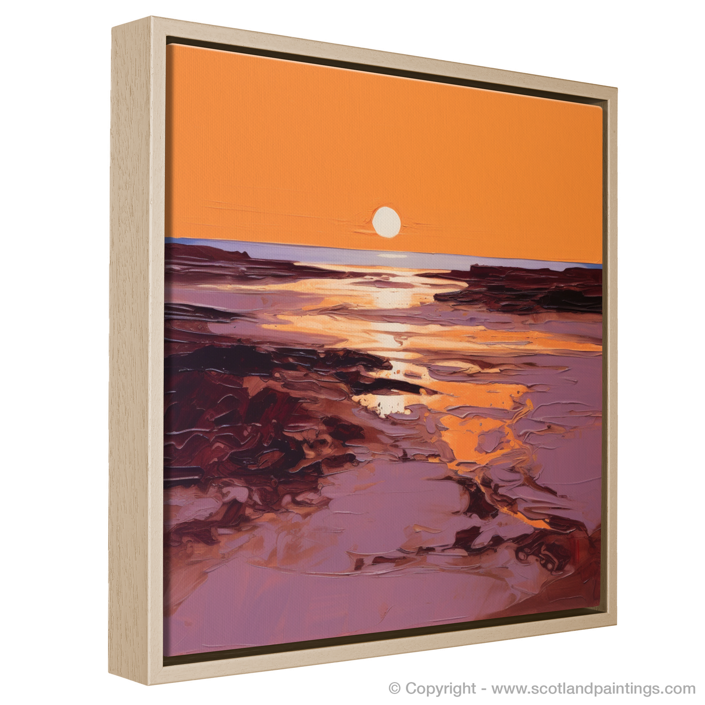 Painting and Art Print of Balmedie Beach at golden hour entitled "Golden Hour Embrace at Balmedie Beach".