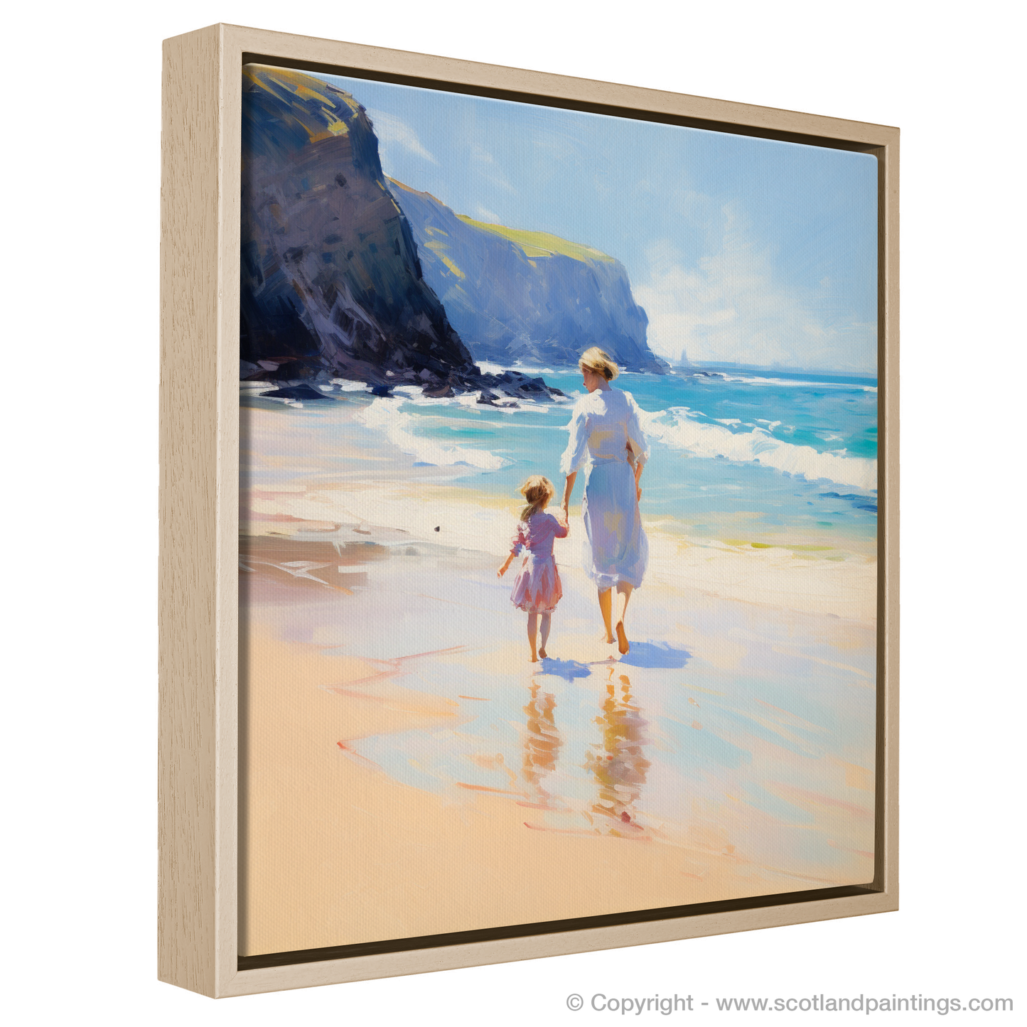 Painting and Art Print of A mum and daughter exploring Sandwood Bay entitled "Mother and Daughter's Coastal Wander at Sandwood Bay".