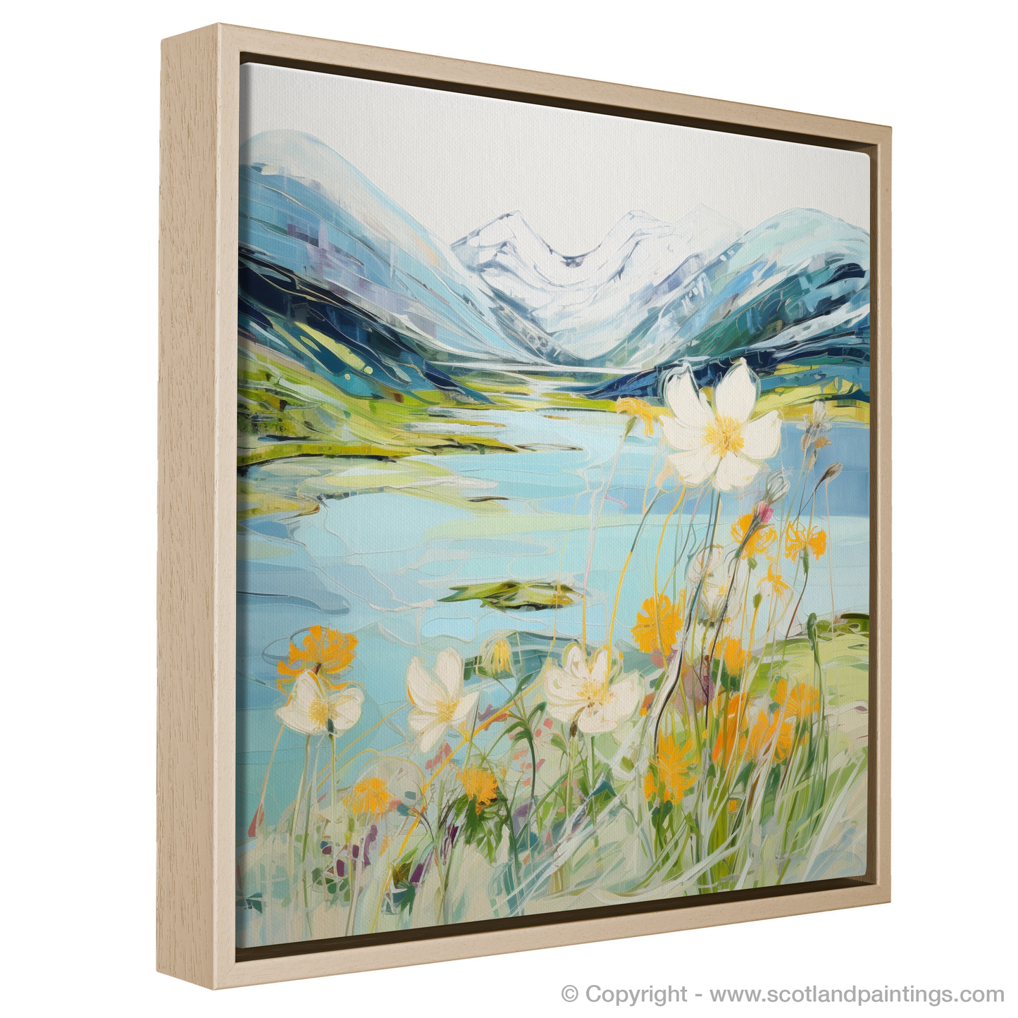 Painting and Art Print of Mountain avens near serene lochan in Glencoe entitled "Serene Lochan and Mountain Avens: A Contemporary Glencoe Vista".