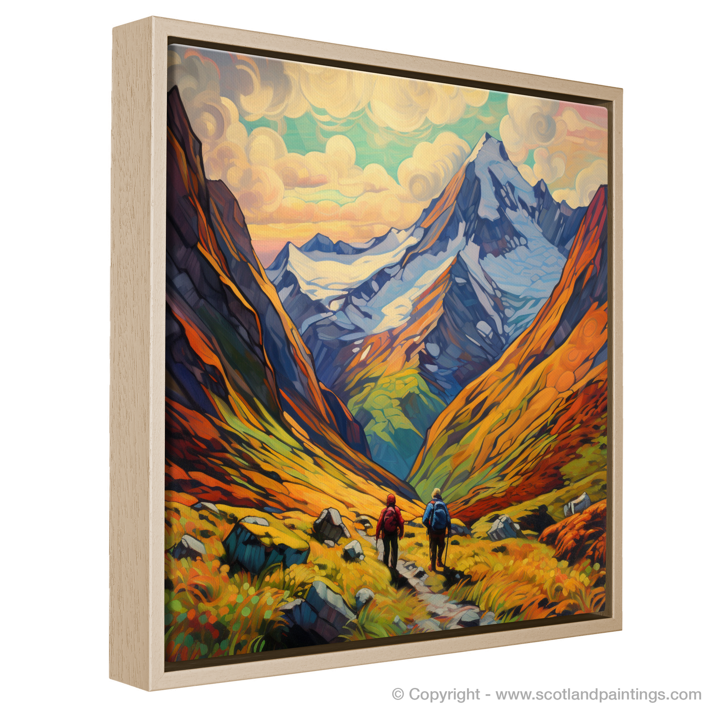 Painting and Art Print of Hikers in Glencoe entitled "Highland Hikers Captured in Glencoe Impressionist Masterpiece".
