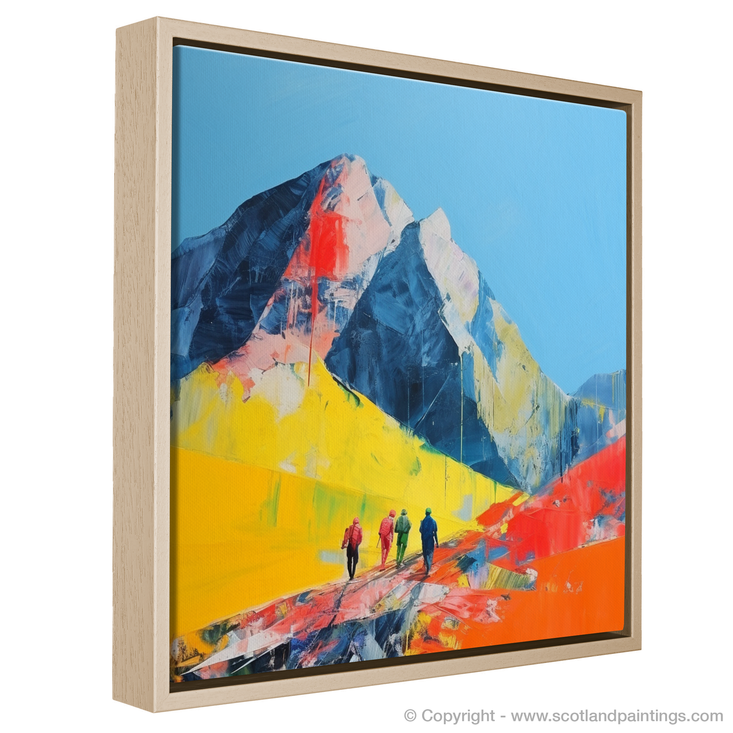 Painting and Art Print of Hikers in Glencoe. Hikers in Glencoe: A Minimalist Ode to Scotland's Wild Terrain.