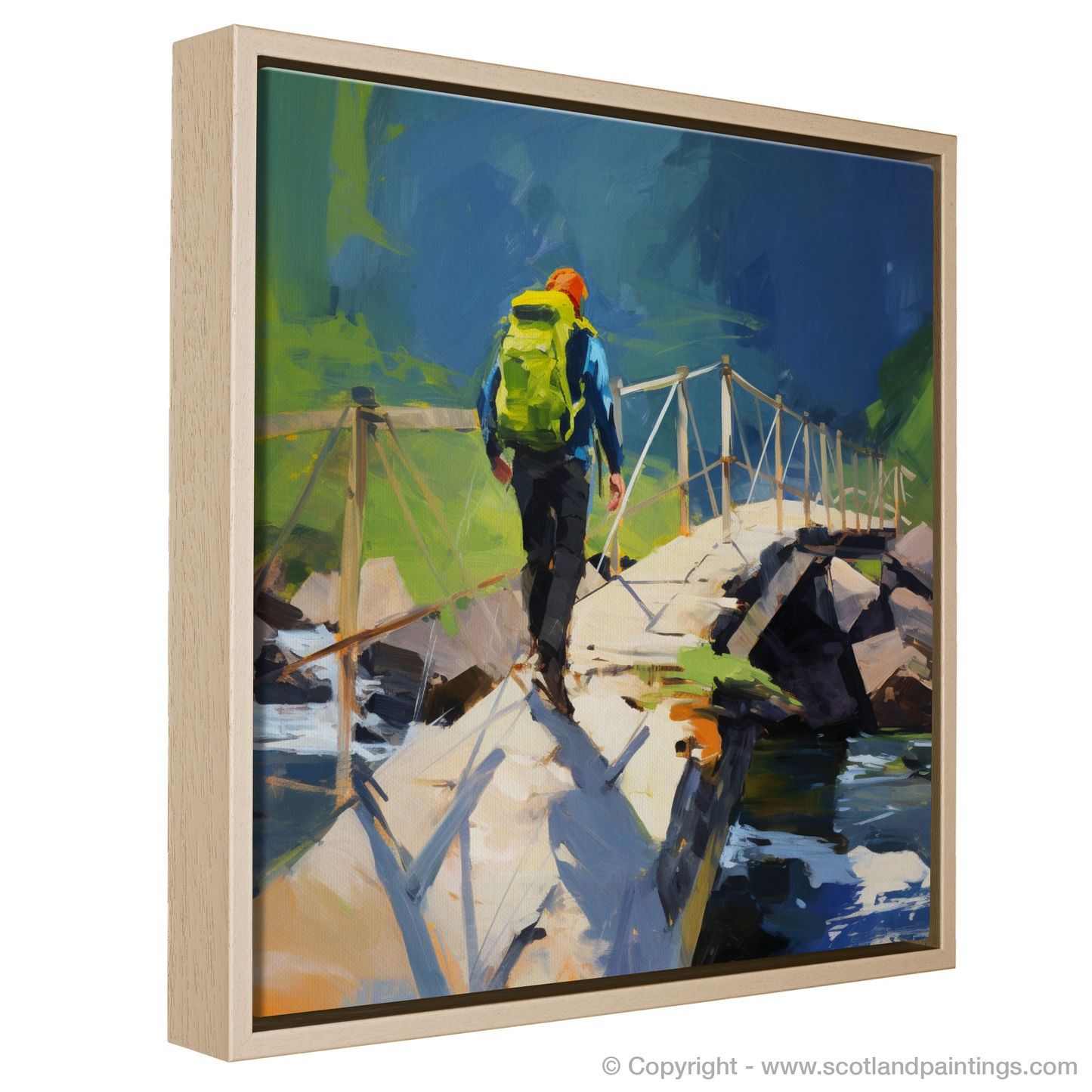 Backpacker's Journey Across Glencoe's Rustic Bridge