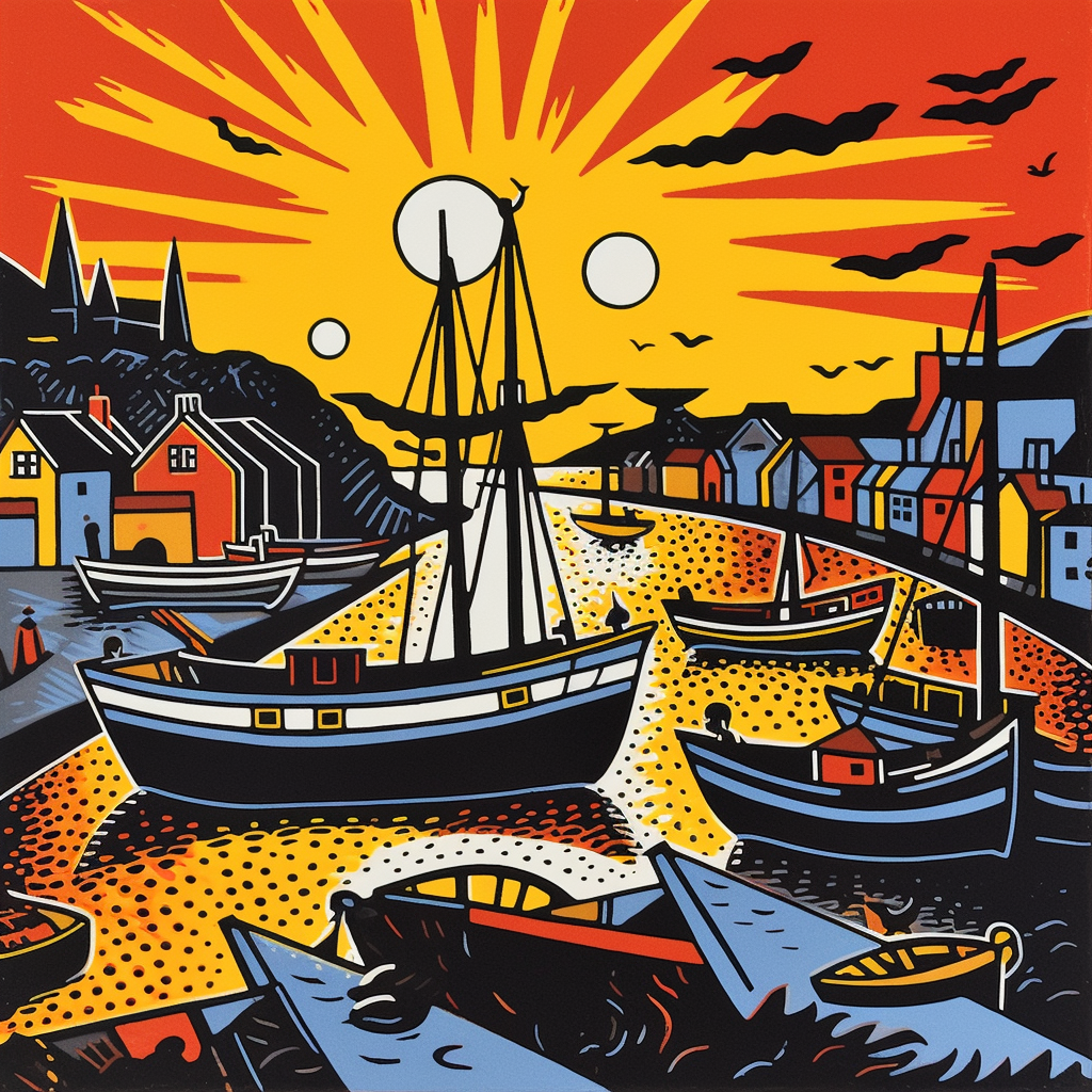 A painting of Cullen Harbour in Scotland.