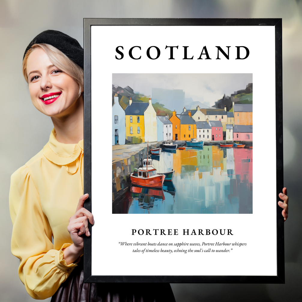 Person holding a poster of Portree Harbour