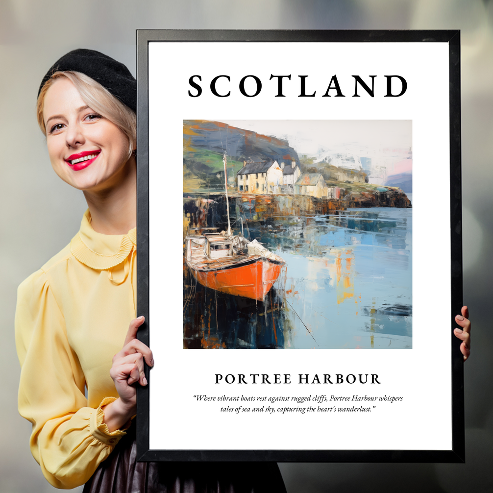 Person holding a poster of Portree Harbour