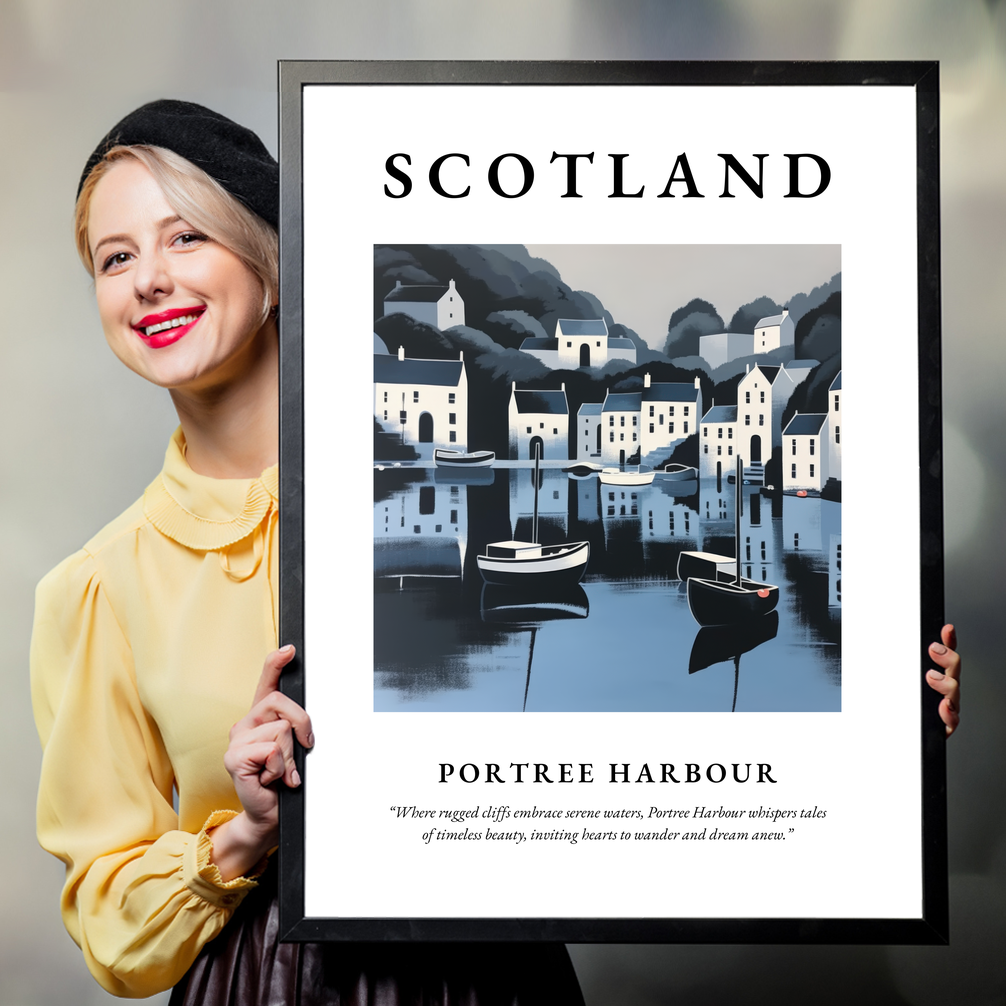 Person holding a poster of Portree Harbour