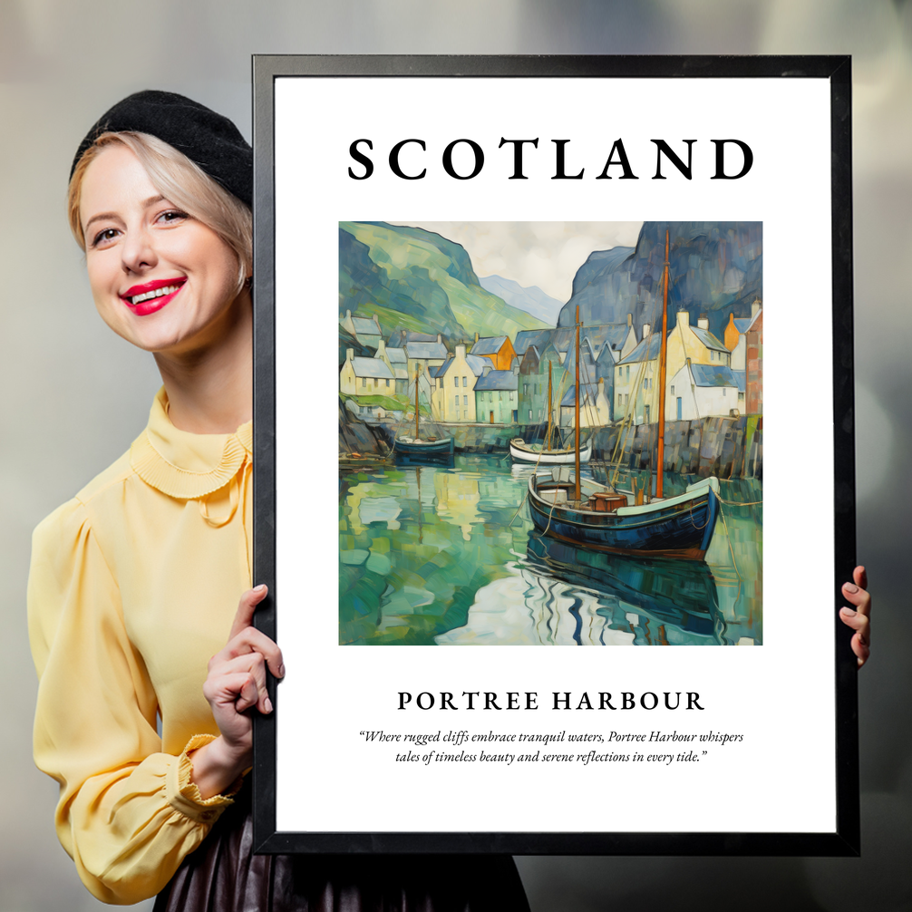 Person holding a poster of Portree Harbour