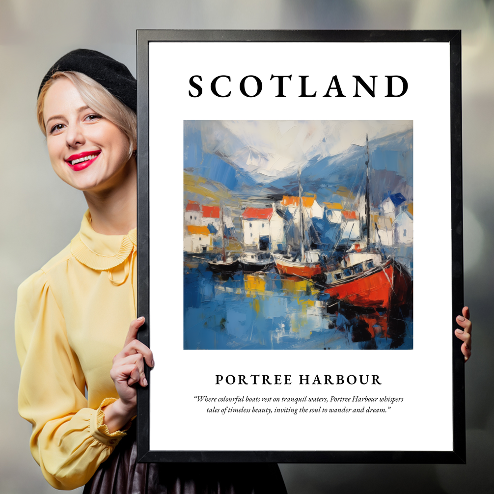Person holding a poster of Portree Harbour