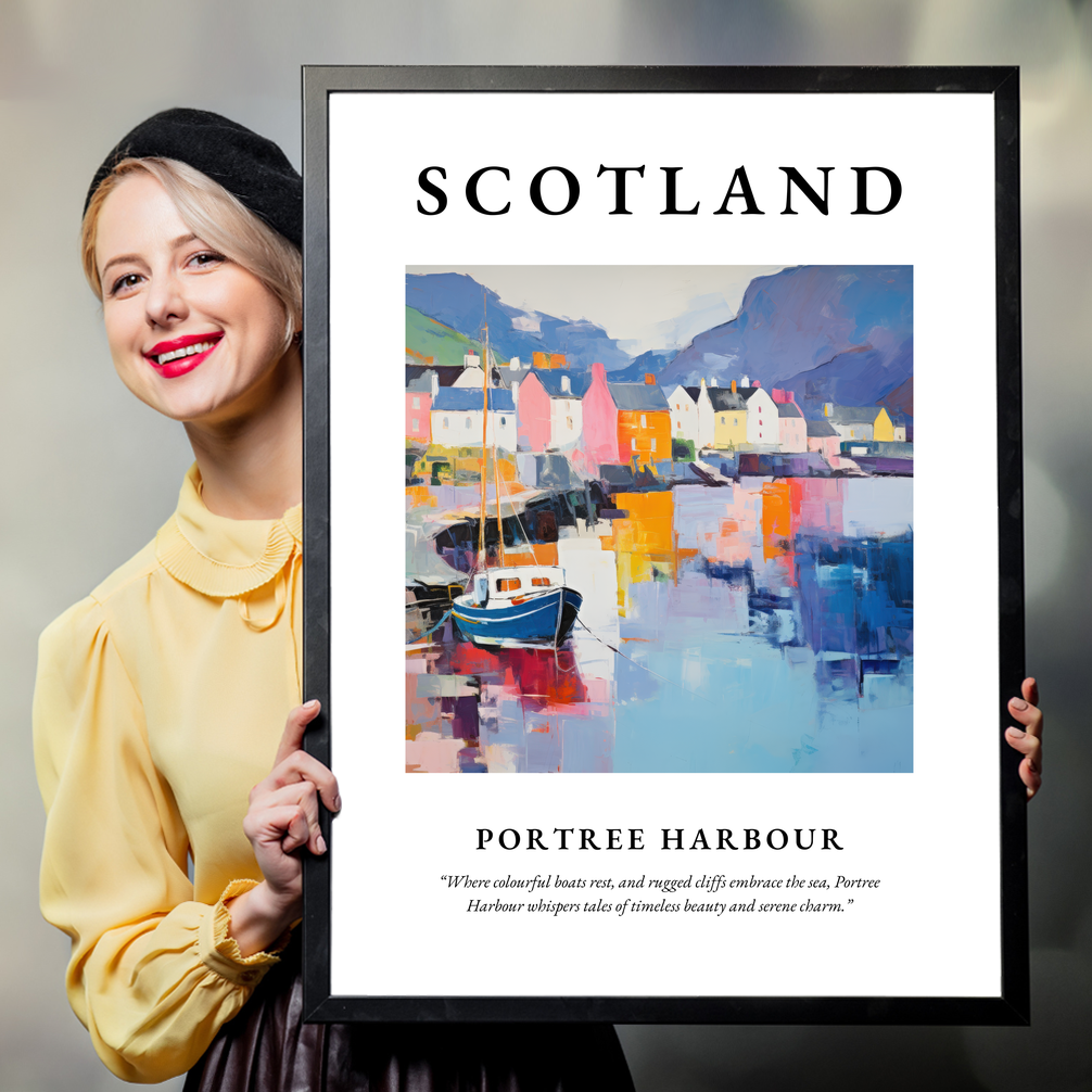 Person holding a poster of Portree Harbour