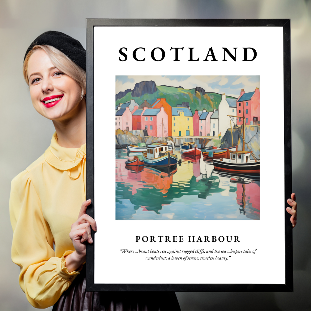 Person holding a poster of Portree Harbour