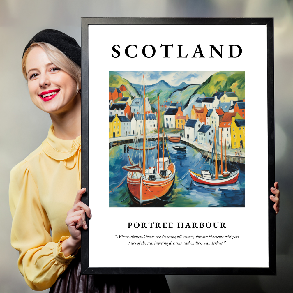 Person holding a poster of Portree Harbour