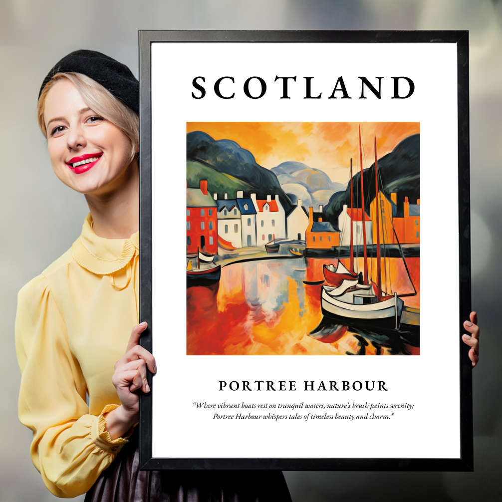 Person holding a poster of Portree Harbour