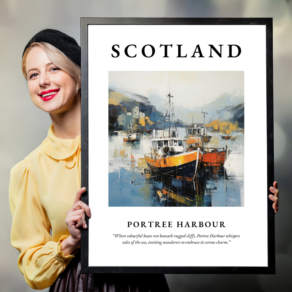 Person holding a poster of Portree Harbour