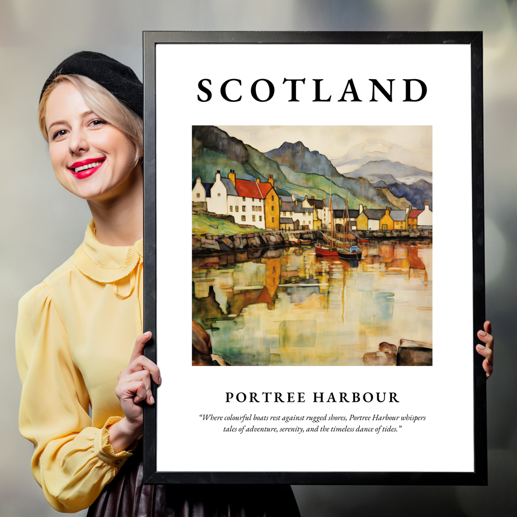 Person holding a poster of Portree Harbour